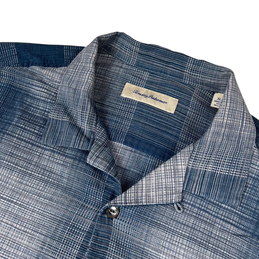 Tommy Bahama Mens XL Silk Cotton Blue Plaid Short Sleeve Camp Button Down Shirt